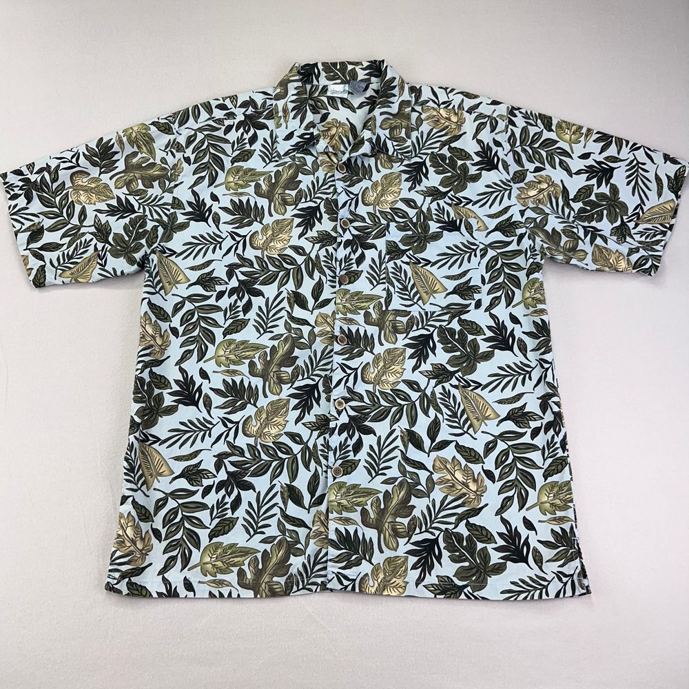 VTG Op‎ Shirt Mens XL Olive Floral Button Up Short Sleeve Camp Loop-Collar